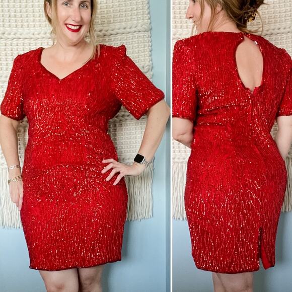Vintage Stenay 100% silk beaded & sequined lipstick red party dress size large L - Picture 1 of 9